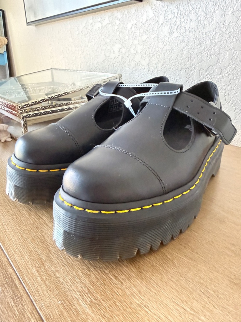 Dr. Martens Black Platform Mary Jane Shoes with Yellow Stitching